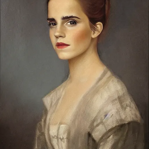 Prompt: A portrait of Emma Watson. Colonial Era Painting.