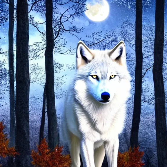 Image similar to white wolf with blue eyes stands in a dark night dormant autumn forest with magic moon in sky, no yellow color in eyes, no yellow color, realistic