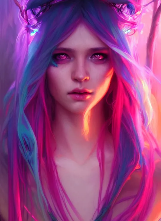 Image similar to stunningly beautiful female neon and neon hair, fantasy art, fae priestess, lush forest landscape, dark light night, sharp focus, digital painting, 4 k, concept art, art by wlop, artgerm, greg rutkowski and alphonse mucha