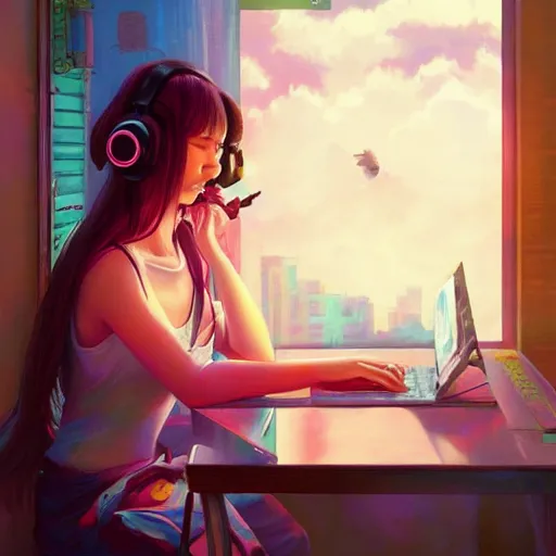 Prompt: lo-fi colorful masterpiece by Ross Tran, WLOP, Dan Mumford, Christophe Vacher, painting, asian girl, with headphones, studyng in bedroom, window with Tokyo view, lo-fi illustration style, by WLOP, by loish, by apofis, alive colors