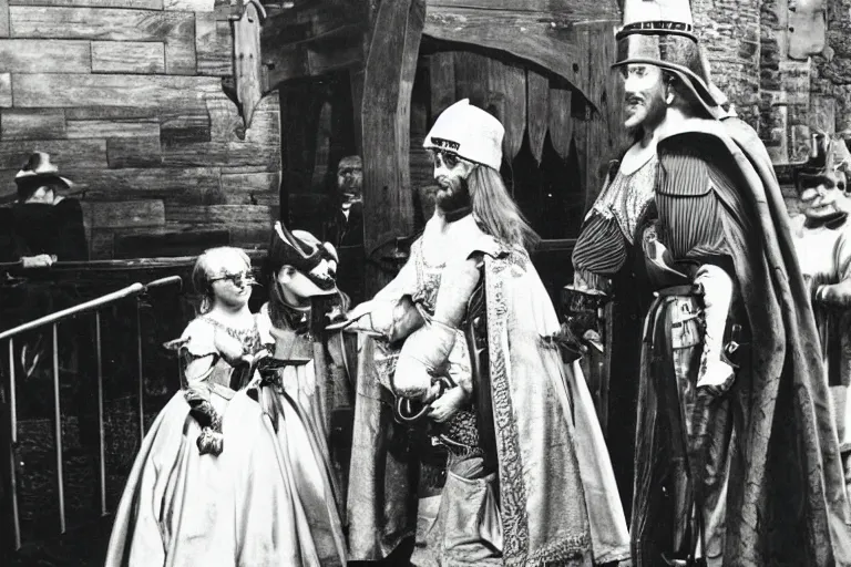 Prompt: an very old photo of monster staring at a gentleman at the medieval times