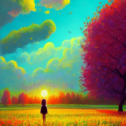 Prompt: girl becoming flower, standing in a flower field, big trees, sunrise dramatic light, impressionist painting, colorful clouds, digital painting, pointillism, artstation, simon stalenhag