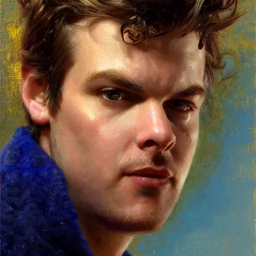 Image similar to detailed realistic cinematic wide shot of beautiful attractive muscular john green with gold chain wearing blue bath robe slim face symettrical face clean skin black eyes black robe smooth, sharp focus, ultra realistic, spring light, painting by gaston bussiere, craig mullins, j. c. leyendecker