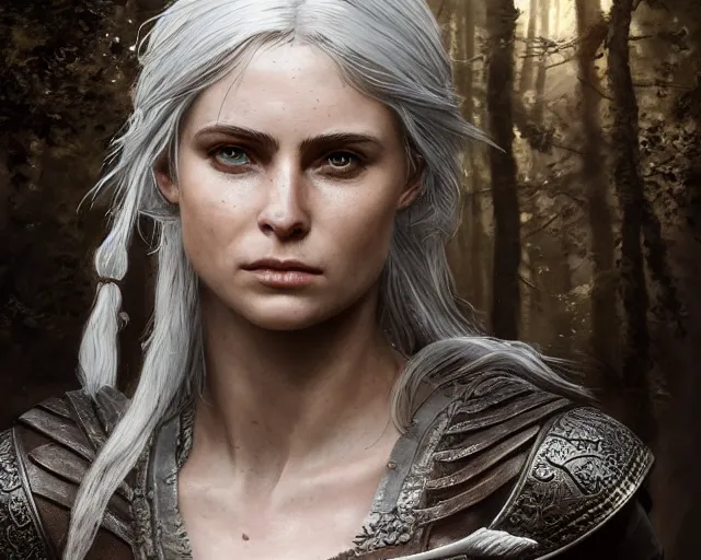 Image similar to 5 5 mm portrait photo of a real life tough looking freya allen as ciri in brown leather armor with silver hair and a large scar along her left cheek, in a magical forest. dark atmosphere. art by greg rutkowski. highly detailed 8 k. intricate. lifelike. soft light. nikon d 8 5 0.