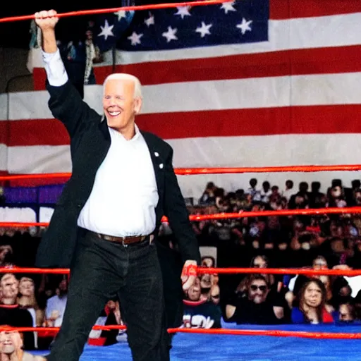 Prompt: Joe Biden dressed as Stone Cold Steve Austin in the wrestling ring, crowd cheering