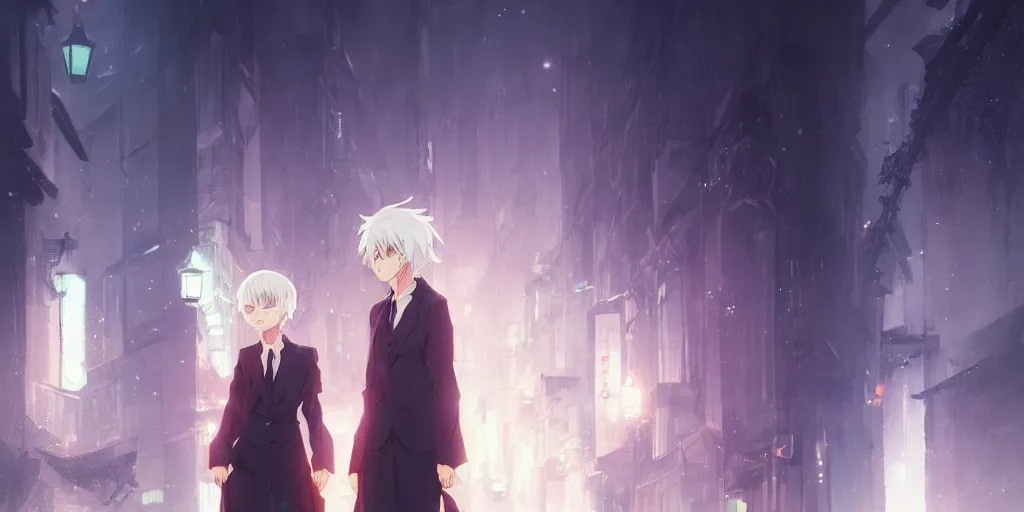 Image similar to anime kyoto animation key by greg rutkowski night, single white hair girl in night city