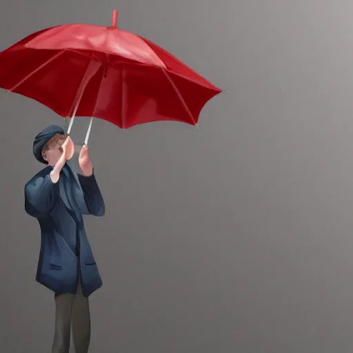 Prompt: a man with umbrella hiding from french fries falling from the sky, digital art, illustration, hyper realistic