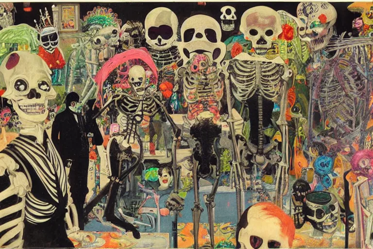 Prompt: scene from amusement arcade, day of the dead, cyber skeleton, queen in black silk in the center, neon painting by otto dix