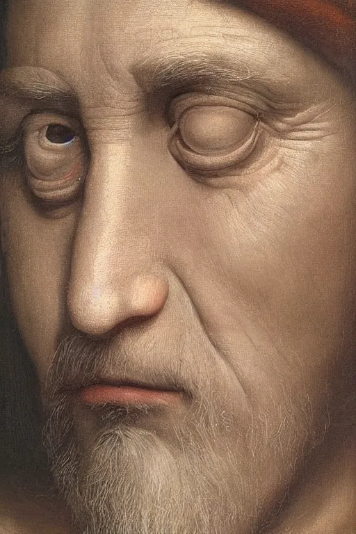 Image similar to hyperrealism close-up portrait Face is half old and half young in style of da Vinci