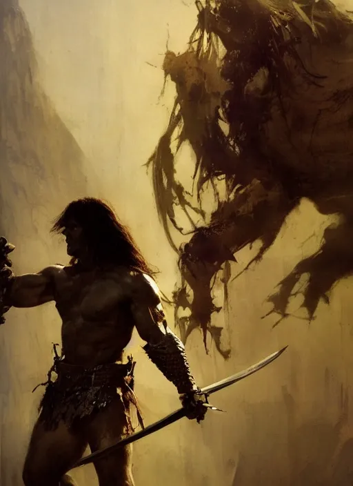 Image similar to conan the barbarian, intricate, elegant, highly detailed, vivid colors, john park, frazetta, sparth, ruan jia, jeffrey catherine jones