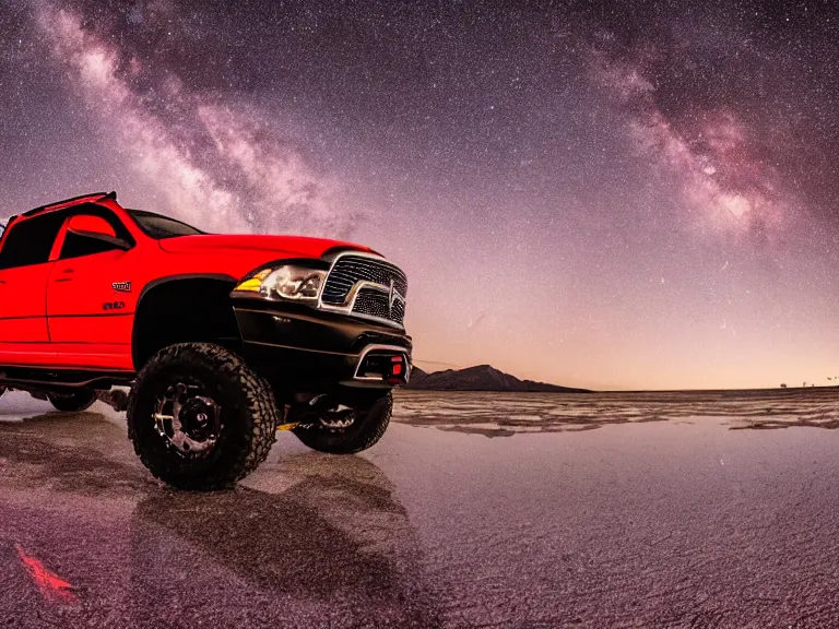 Image similar to dodge ram red power wagon with a roof top tent camping on wet salt flats at night, reflections, long exposure, milky way, award winning, cinematic, Vikram Thomas, 4K