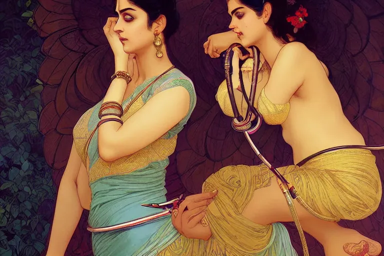 Prompt: sensual pale beautiful indian doctor in jeans with stethoscope and peacock, art deco portrait, elegant, intricate, digital painting, artstation, concept art, smooth, sharp focus, illustration, art by artgerm and greg rutkowski and alphonse mucha