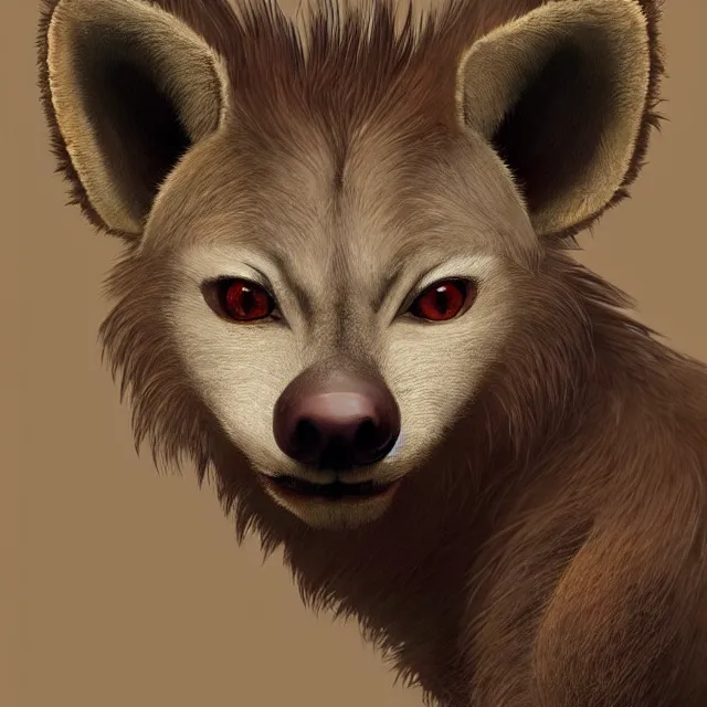 Image similar to a beautiful portrait of a cute anthropomorphic humanoid brown hyena fursona. big eyes. character design by cory loftis fenghua zhong ryohei hase isma