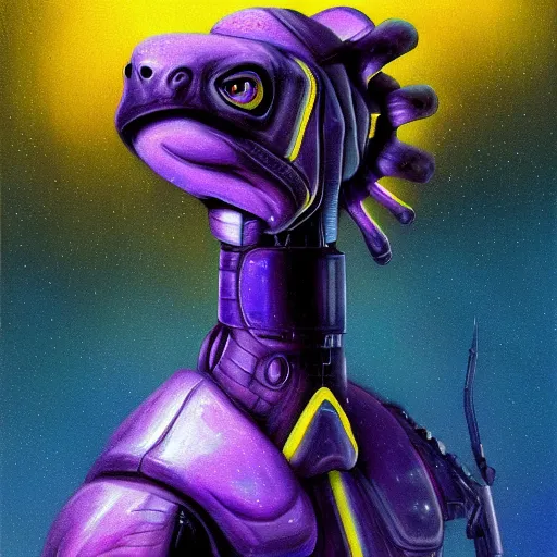 Prompt: military turtle horse, sleek futurism, character design, purple and yellow, trending on artstation, by les edwards