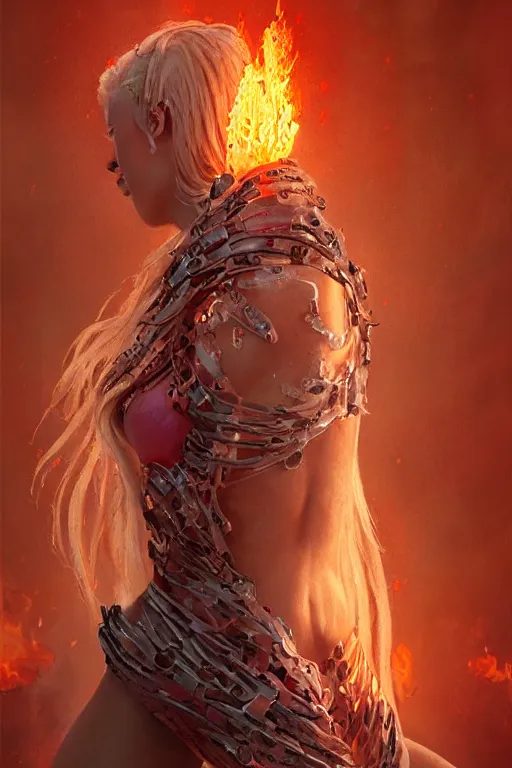 Prompt: Worm made of Ice wrapped around the arm of the beautiful fire goddess wearing pink bikini armor, on fire, long blonde flaming hair, digital art, trending on artstation, cgsociety, detailed, illustration, professional art by Seb McKinnon