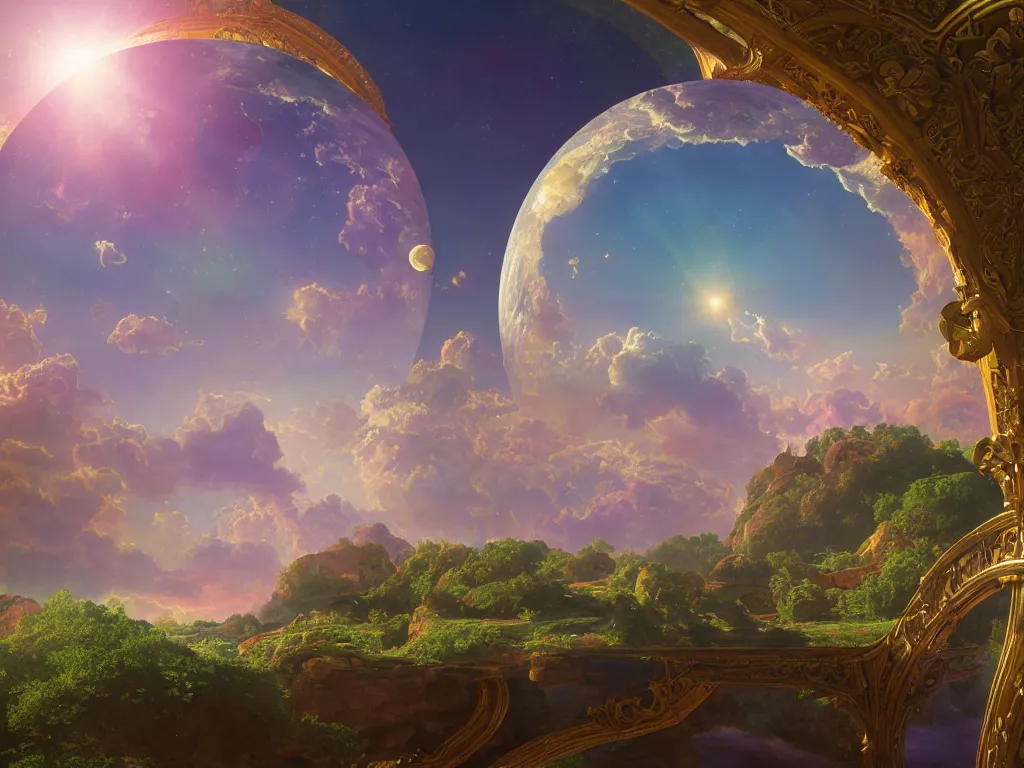 Image similar to The universe is a spheroid region 705 meters in diameter, 3d render, Sunlight Study, by Thomas Cole and ((((Lisa Frank)))), Art Nouveau, 8k, extreme detail, sharp focus, octane render