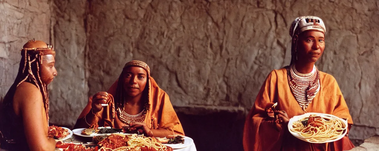 Image similar to queen hatshepsut in the ancient kingdom of punt, enjoying a feast of spaghetti, canon 5 0 mm, kodachrome