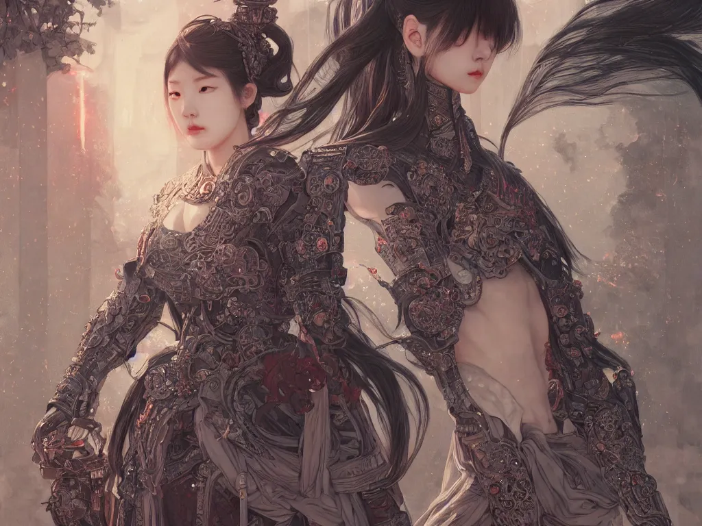 Image similar to portrait jisoo blackpink, grey hair armored samurai clothes, inside fire japanese temple, ssci - fi and fantasy, intricate and very very beautiful and elegant, highly detailed, digital painting, artstation, concept art, smooth and sharp focus, illustration, art by tian zi and wlop and alphonse mucha