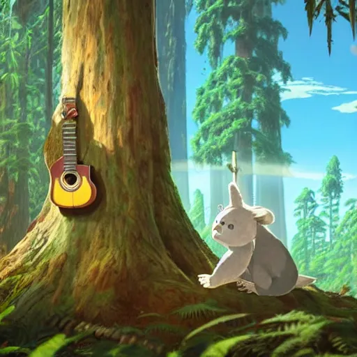 Image similar to Huge redwood tree with a koala playing a guitar, by Miyazaki Nausicaa Ghibli, breath of the wild style, epic composition Trending on Artstation, octane render, Insanely Detailed, 8k, HD