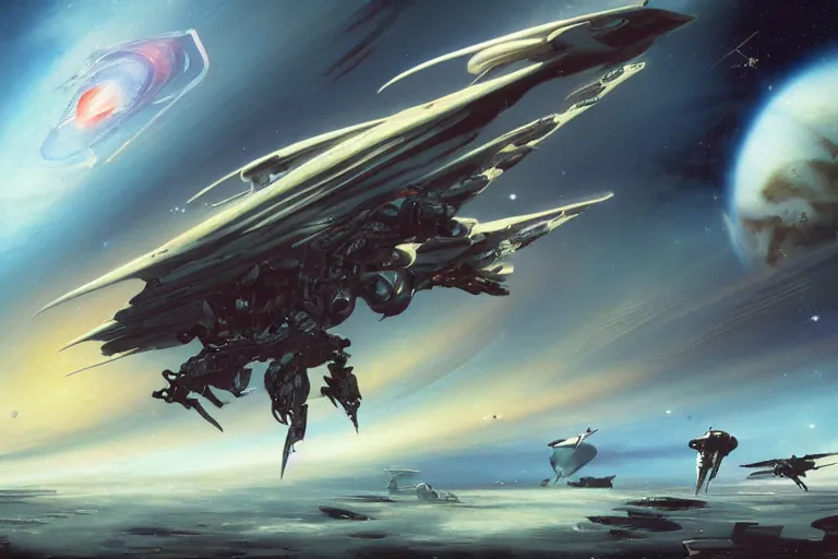 Image similar to a pterodactyl mecha, fighter-jet sized, smooth, john berkey white plastic panels, robotech styling Raymond Swanland and Jessica Rossier nebula like clouds in space background near a ringed gas giant, distant explosions and spaghetti-like missile rocket exhaust trails by cinematic lighting, hyper detailed hyper detailed, 8k, ultra realistic, cinematic lighting, ultra wide 35mm lens