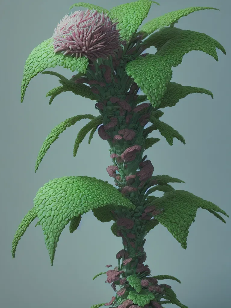 Prompt: beautiful botanical illustration of an alien plant, #ilustration by Alexander Ostrowski and Giacomina Ferrillo, octane render, zbrush, art alien, extremely detailed, pastel colors, trending on artstation