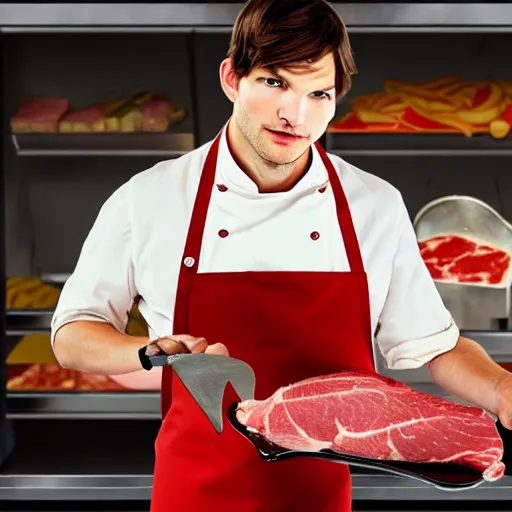 Prompt: ashton kutcher as a butcher wearing a bloody apron with a cleaver in his hand as he chops meat while working in a deli, realistic, hyperrealistic, ultra realistic, real, real world, highly detailed, very detailed, extremely detailed, intricate details, 8 k resolution, hd quality