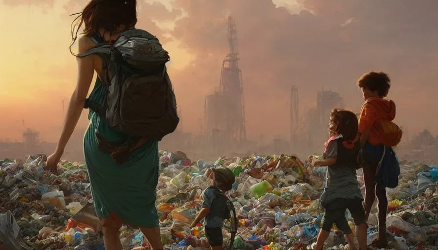 Image similar to mom with child wearingbackpack exploring the garbage dump, city is pure wasteland, sunset in background, detailed characters, alphonse mucha, greg rutkowski, trending on artstation, artgerm, breathtaking, sharp focus, smooth, mark arian, award winning, highly detailed 4 k art