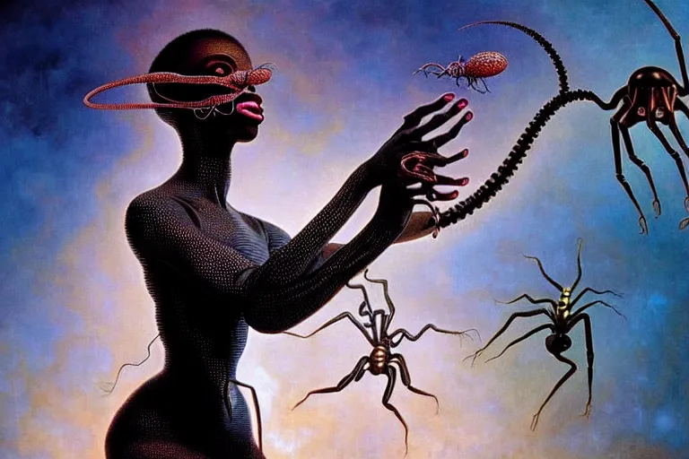 Image similar to realistic detailed closeup portrait movie shot of a beautiful black woman dancing with a giant spider, futuristic sci fi landscape background by denis villeneuve, jean deville, amano, yves tanguy, ernst haeckel, alphonse mucha, max ernst, caravaggio, roger dean, sci - fi necklace, fashion, masterpiece, rich moody colours