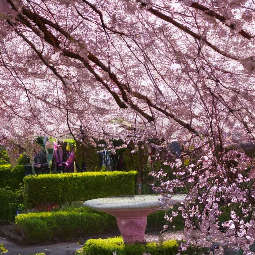 Prompt: perfume buried in cherry - blossom petals with a blurred floral garden in the background