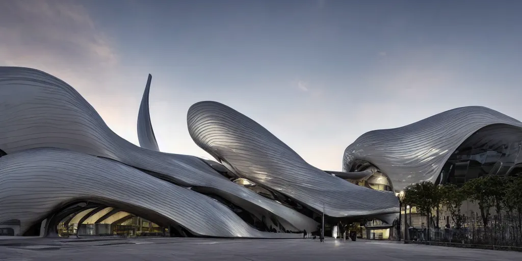 Prompt: extremely detailed stunning sophisticated beautiful elegant futuristic museum exterior by Zaha Hadid, Milan buildings in the background, smooth curvilinear design, stunning volumetric light, stainless steal, concrete, translucent material, beautiful sunset, tail lights