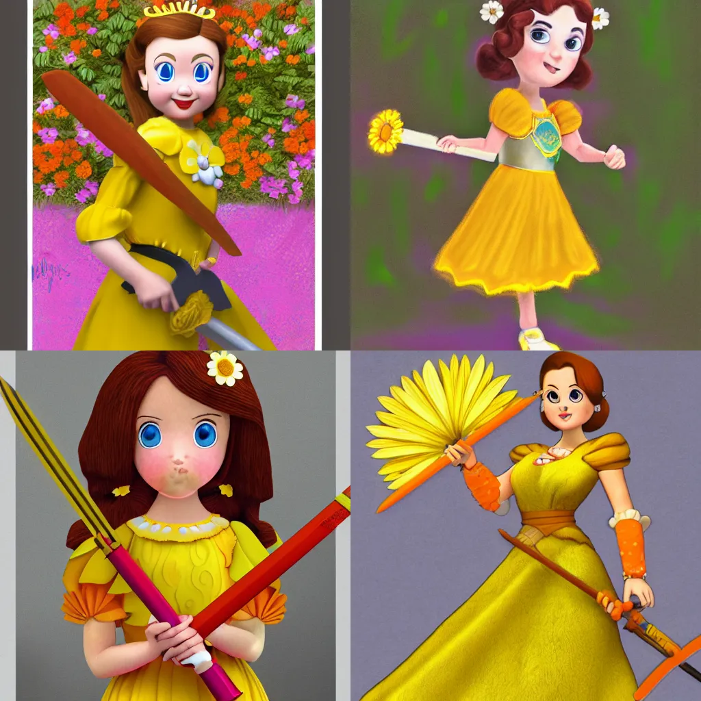 Prompt: Princess Daisy in a yellow and orange dress holding a floral sword, realistic, digital image, pastel colors, 4k, 100lb cardstock