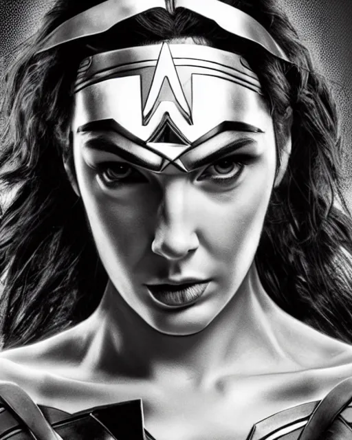 Image similar to tired angry wonderwoman portrait hd sharp monochrome technoir photo with mix of gal Gadot and Linda Carter in frank Miller Alex Ross style detailed trending on artstation Leica Zeiss depth of field