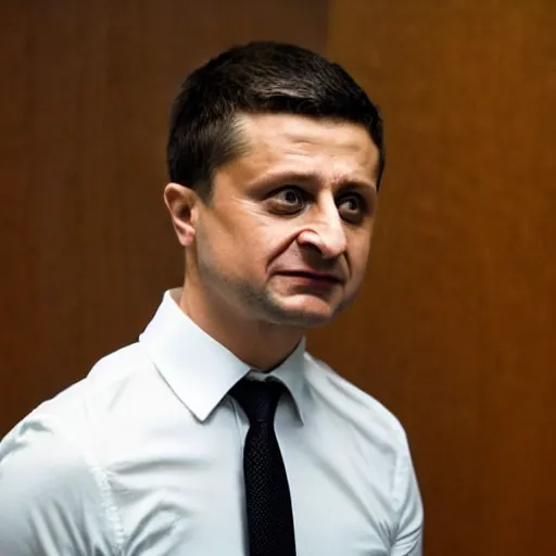 Image similar to Volodymyr Zelenskiy as The American Psycho, sweating profusely, staring intensely