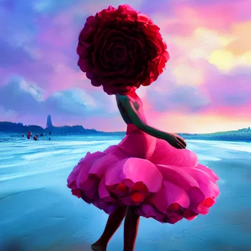 Image similar to portrait, giant rose flower head, girl dancing at the beach, surreal photography, sunrise, blue sky, dramatic light, impressionist painting, digital painting, artstation, simon stalenhag