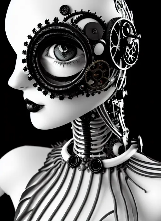 Image similar to 1 9 3 0 black and white dreamy foggy gothic masterpiece profile face portrait, one steampunk eye biomechanical beautiful young female cyborg - robot, body ribs meshes, big monocular, volumetric light, hibiscus flowers, by hg giger, rim light, big gothic fashion pearl embroidered collar, 8 k