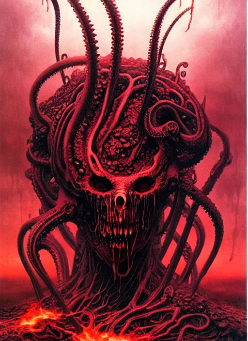 Prompt: a demon with tentacles, red lake on fire, highly detailed, art by Ayami Kojima, Beksinski, Giger