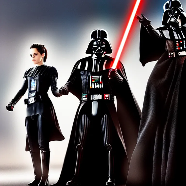 Image similar to darth vader and kristen stewart staying close together in front of, on the background star destroyer, romantic poster for the twillight movie high quality photorealistic