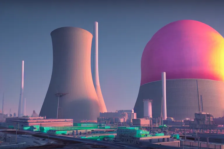 Image similar to nuclear power plant, colorful, sci-fi, utopia, octane render, substance painter, zbrush. Trending on artstation. 8K. Highly detailed.