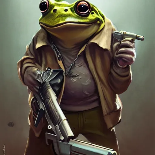 Prompt: badass gangsta frog. a frog mafia boss holding gun. nuri iyem, james gurney, james jean, greg rutkowski, anato finnstark