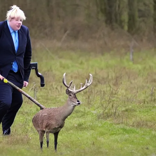 Prompt: Boris Johnson hunting deer with a pickaxe