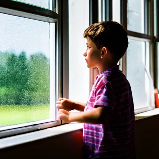 Prompt: a boy looking outside the window in classroom on a peaceful summer day