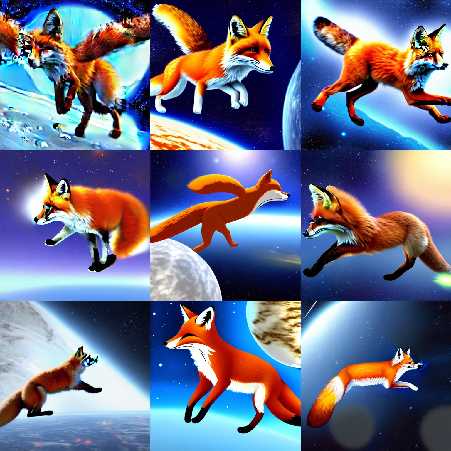 Prompt: fox flying in front of white crunch in space, realistic