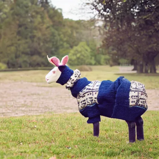 Image similar to bipedal lamb wearing a sweater, portrait photo, movie still,