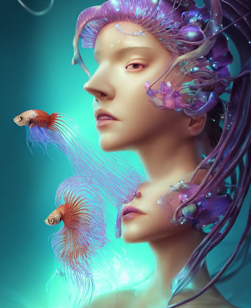 Image similar to goddess close-up portrait. orchid jellyfish phoenix head, nautilus, skull, betta fish, bioluminiscent creatures, intricate artwork by Tooth Wu and wlop and beeple. octane render, trending on artstation, greg rutkowski very coherent symmetrical artwork. cinematic, hyper realism, high detail, octane render, 8k