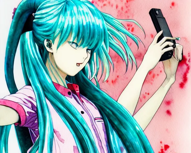 Prompt: a high detail watercolor of Hatsune Miku taking a selfie by Yukito Kishiro and katsuhiro otomo, illustration, hyper-detailed, colorful, complex, intricate, masterpiece, epic