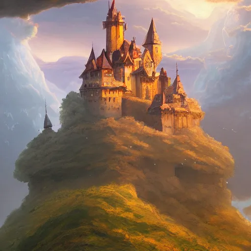 Image similar to a painting of a castle in the sky, a detailed matte painting by Andreas Rocha, behance contest winner, fantasy art, matte painting, matte drawing, storybook illustration