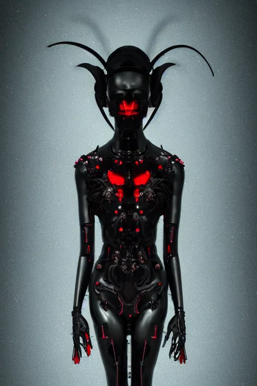 Prompt: full-body cyberpunk style sculpture of a young beautiful dark priestess, half android with a head opening exposing circuitry, glowing red eyes, black roses, flowing blood red colored silk, fabric, candles, baroque elements, human skull, full-length view, baroque element. intricate artwork by Caravaggio. crows flying in background. Trending on artstation, octane render, cinematic lighting from the right, hyper realism, octane render, 8k, depth of field, 3D