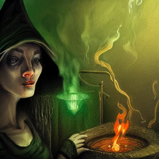 Image similar to close shot of a witch brewing in her lair, depressing, gloomy, tired, detailed, witch hat, dungeon, green smoke, fire, smoke, realism, realistic, hyper detailed, green lighting, ambient lighting, smoke, haze, bokeh, acrylic, digital painting,