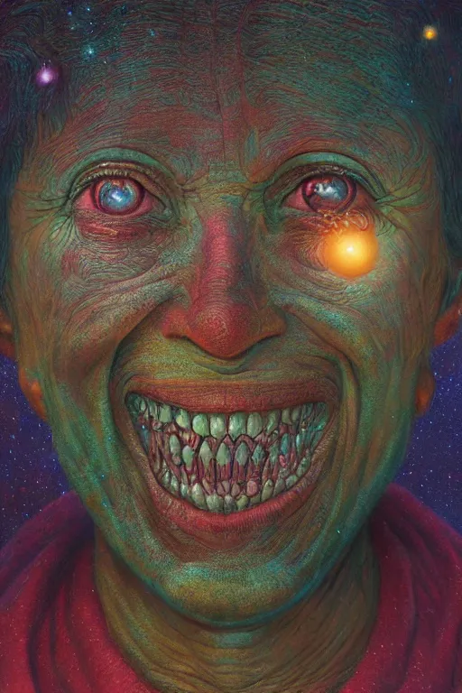 Image similar to 4K Stunningly detailed Ancient Beautiful happy portrait of a Smile inspired in beksinski and dan mumford work, 4K Upscale remixed with Simon Stalenhag work, sitting on the cosmic cloudscape