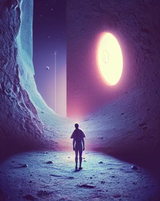 Image similar to a common person standing in front of a glowing open door that's on the moon, poster art by mike winkelmann, trending on cg society, space art, sci - fi, ue 5, futuristic, volumetric lighting